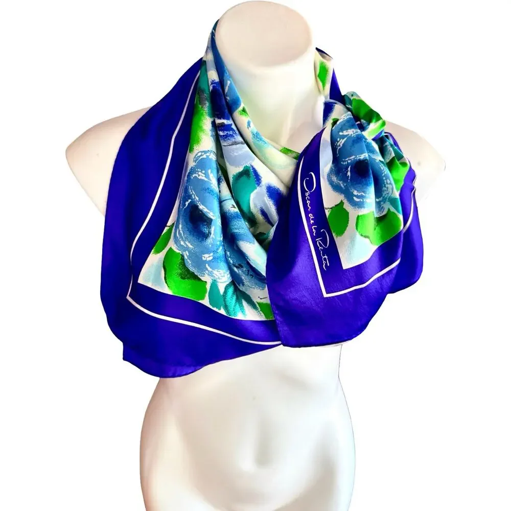 Vintage Oscar de la Renta Silk Scarf 1990s Blue Green Rose Floral 34x34 Square